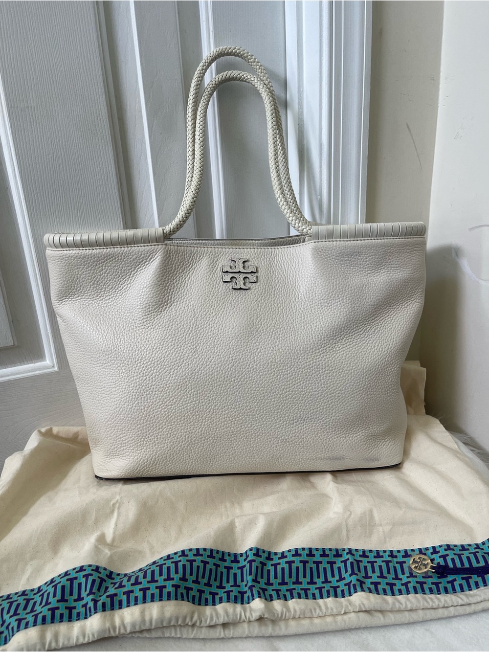 Tory Burch Taylor Cream Pebbled Leather Tote with Rope Handles